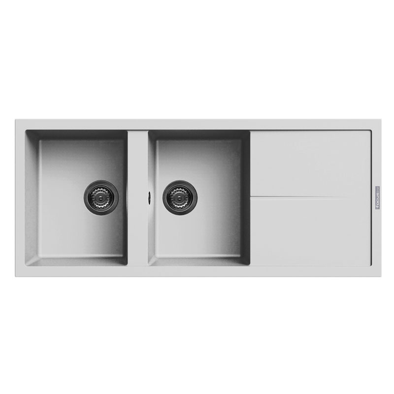 Évier De Cuisine Encastrable FOCUS Graniteck Égouttoir + 2 Bacs - Blanc - Focus