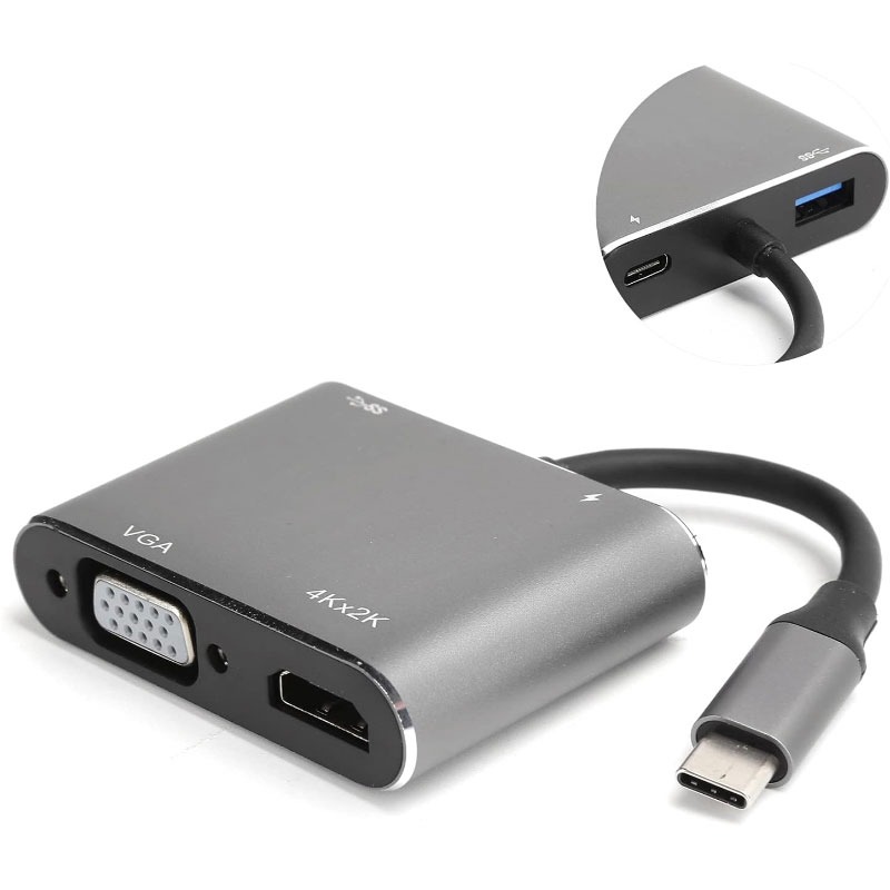 Adaptateur 4 en 1 TYPE C vers HDMI-USB-VGA-Type C - Silver