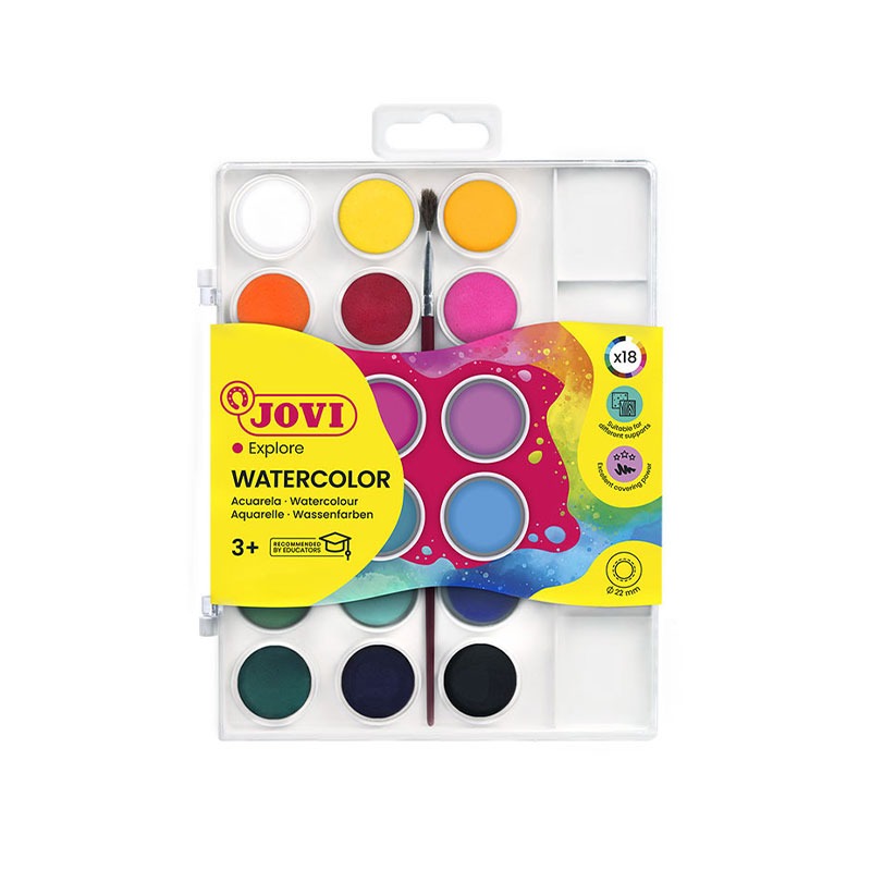 Box De 18 Aquarelle Pastilles 22 mm JOVI Avec Pinceau - Couleurs Assortis
