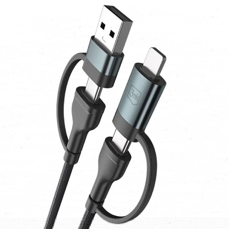 Câble de Charge 3MK 4-en-1 60W 1,2M - Noir - 3MK