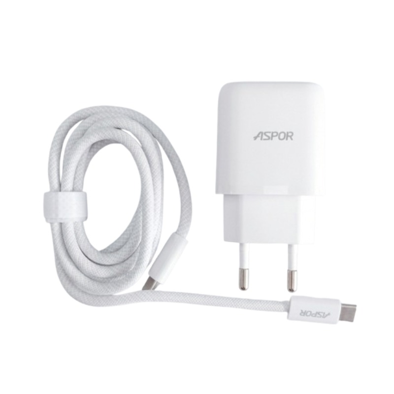 Chargeur ASPOR Fast 20W Avec 2 PORTS USB-A/USB-C Avec Cable Type-C - Blanc