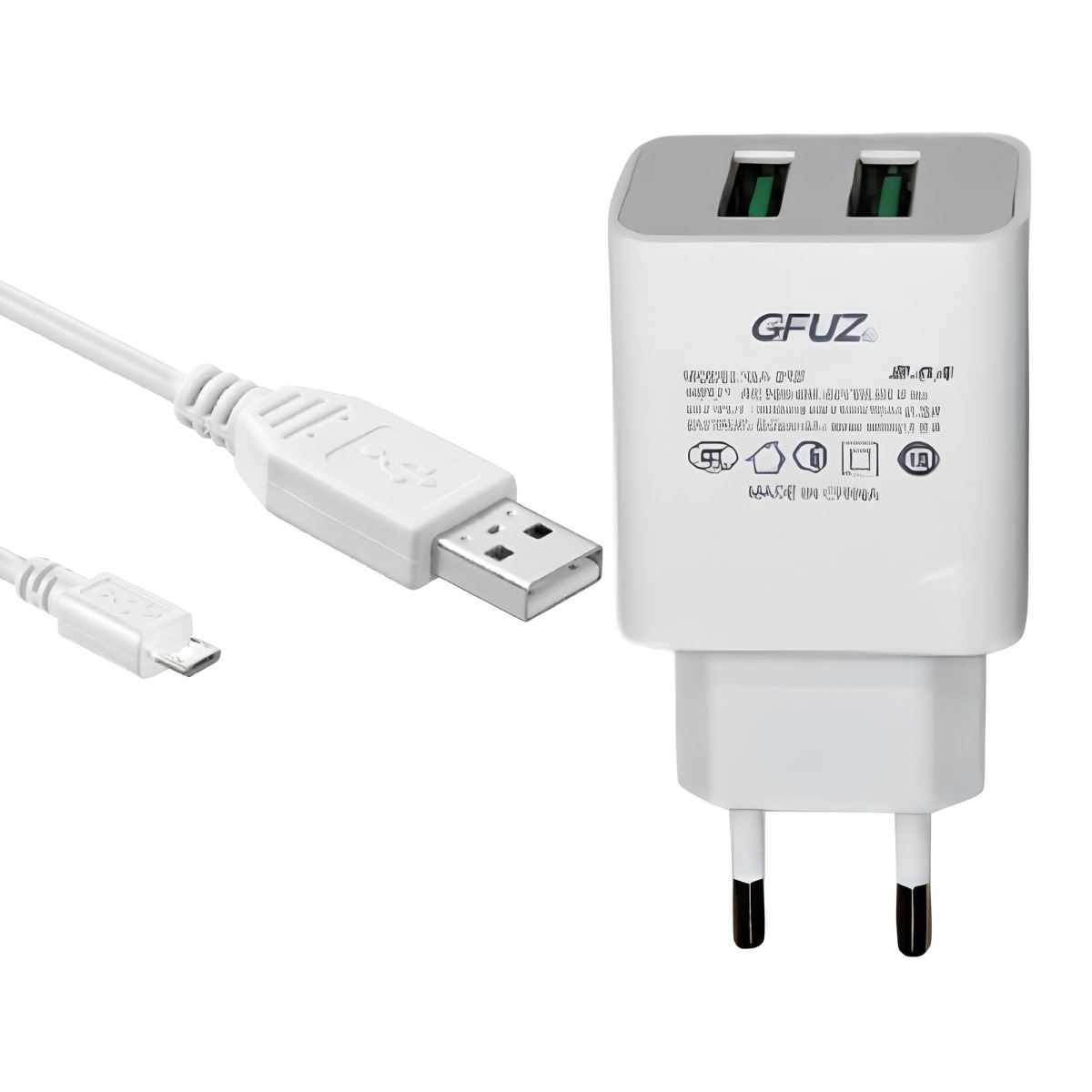 Chargeur GFUZ GA-02M Charge Rapide Avec 2 port USB et Cable Micro - Blanc