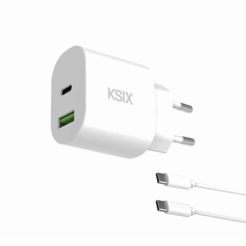 Chargeur KSIX PD 20W Avec 2 Ports USB-C Et USB-A + Câble Type C - Blanc