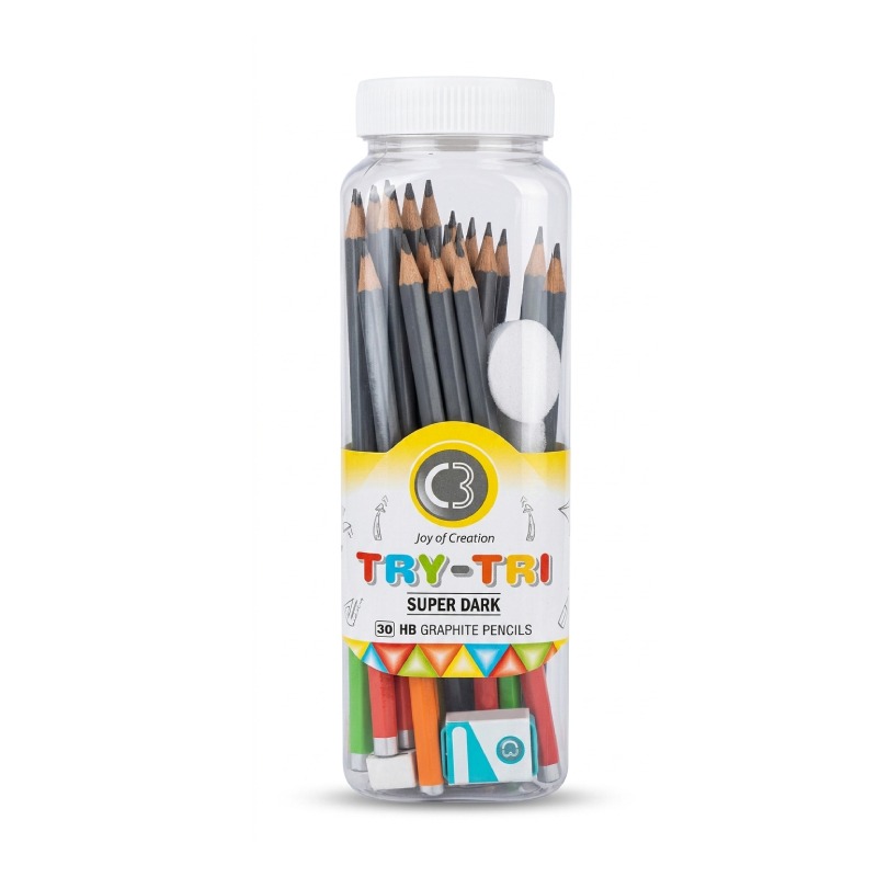 Crayon Graphite TRY-TRI JARRE 30PC + Gomme + Taille a Crayon - TRANE