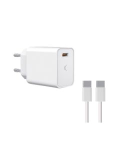 Chargeur KSIX 20W PD + Câble USB-C Vers USB-C - Blanc