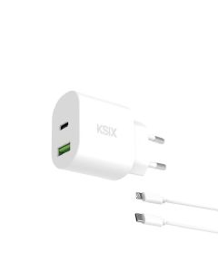 Chargeur KSIX avec 1 port USB-C et 1 port USB-A + Câble Lightning PD 30W - Blanc
