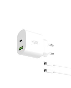 Chargeur KSIX Avec 2 Ports USB-C Et USB-A + Câble Type C PD 30W - Blanc