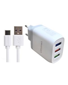 Chargeur TREQA CH-642 3 USB Avec Câble Type-C 3.1A - Blanc