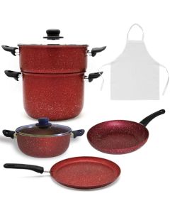 Pack COOK'ART De 8 Pièces Couscoussier + Poêle + Faitout + Crêpière + Tablier de cuisine - Rouge