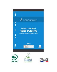 Copies Double CONQUERANT 200 pages 70Gr Grands Carreaux Seyès Perforées A4