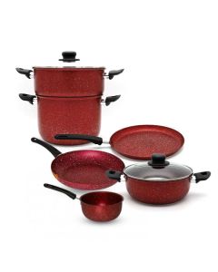 Pack COOK'ART De 8 Pièces Couscoussier + Faitout + Poêle + Casserole + Crêpière - Rouge