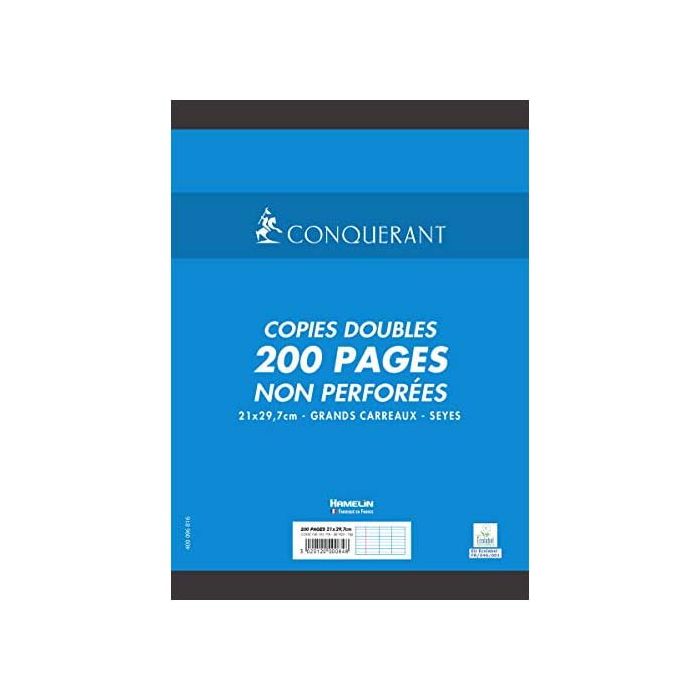  Lot de 200 pages copies doubles CONQUERANT 70Gr Grands Carreaux Seyès Non Perforées A4