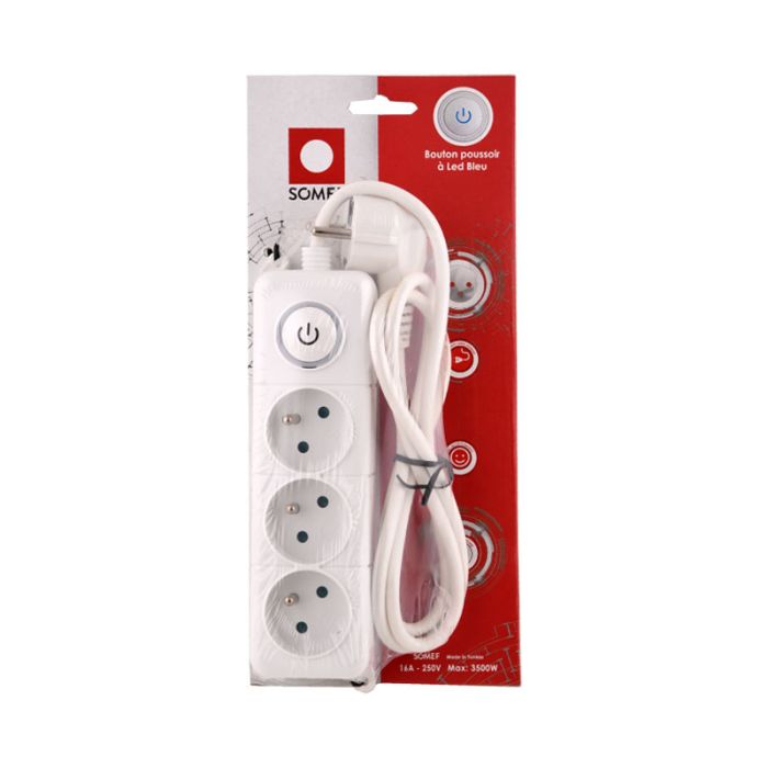 Bloc Multiprise SOMEF 3 Modules Avec Bouton poussoir 1.4 M - Blanc