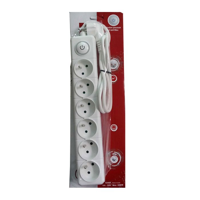 Bloc Multiprise SOMEF 6 Modules Avec Bouton Poussoir 1.4M - Blanc