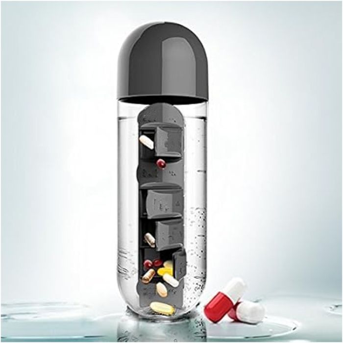 Bouteille D'Eau Avec Boîte à Médicaments 2en1 600ml - Noir