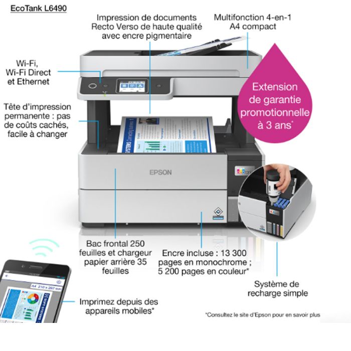 Imprimante Jet d'Encre EPSON ECOTANK L6490 4En1 Couleur Wifi