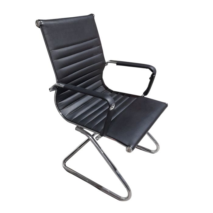 Chaise Visiteur En Simili Cuir Avec Accoudoirs Fixe & Pieds Chromées - Noir (CH0056)