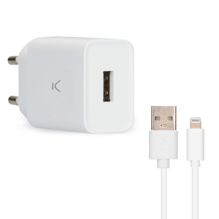 Chargeur KSIX USB-A 12W + Câble USB Vers Lightning - Blanc