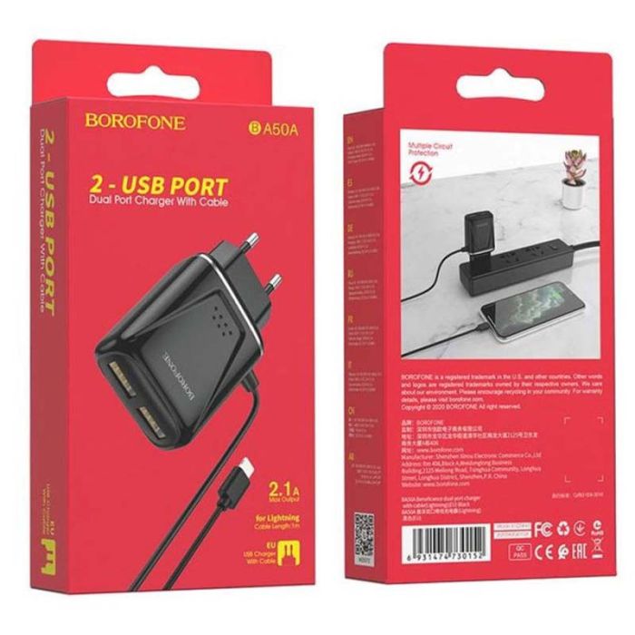 Chargeur Secteur BOROFONE Dual BA50A + Cable Apple 2.1A - Noir