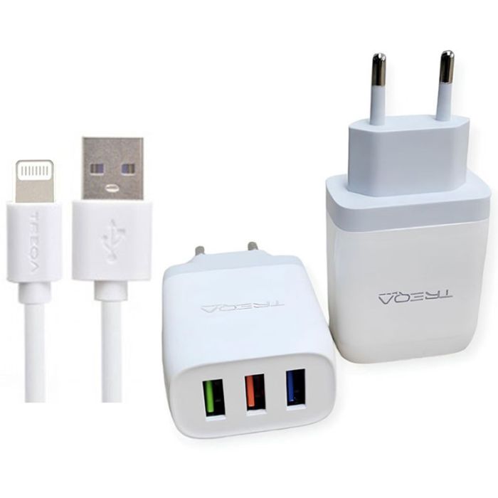 Chargeur TREQA CH-642 3 USB Avec Câble Lightning 3.1A - Blanc