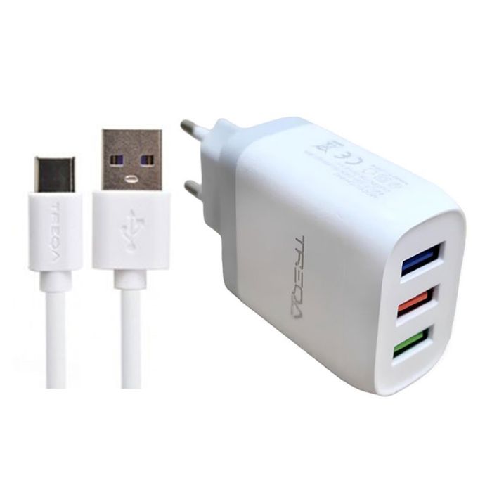 Chargeur TREQA CH-642 3 USB Avec Câble Type-C 3.1A - Blanc