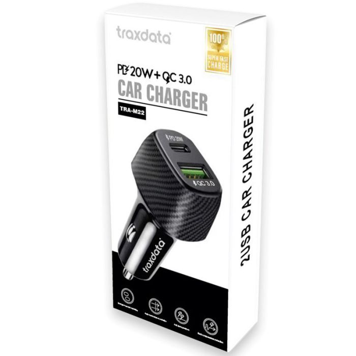 Chargeur Voiture TRAXDATA TRA M22 Lightning PD 20W + USB QC 3.0