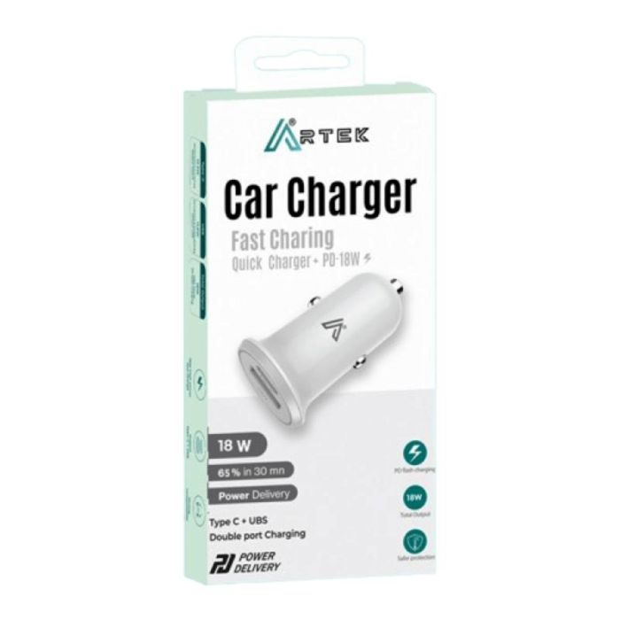 Chargeur Voiture ARTEK PD+QC Rapide  18W + 12.5W - Blanc 