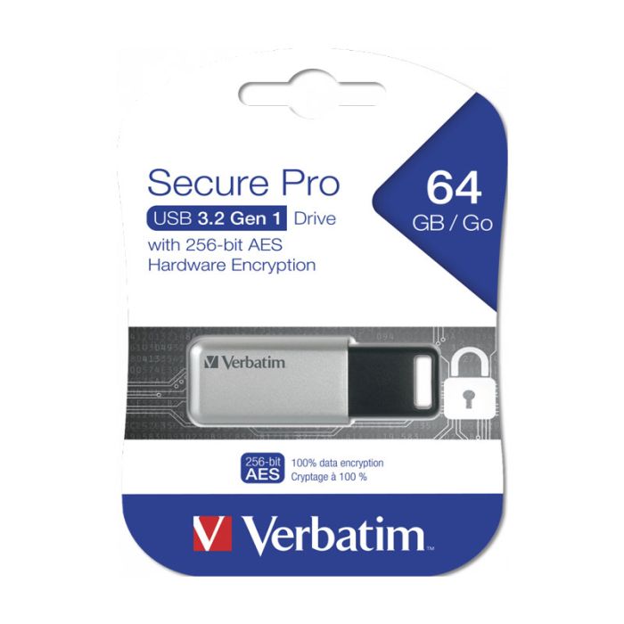 Clé USB VERBATIM Secure Pro 64Go USB 3.2 - Silver&Noir