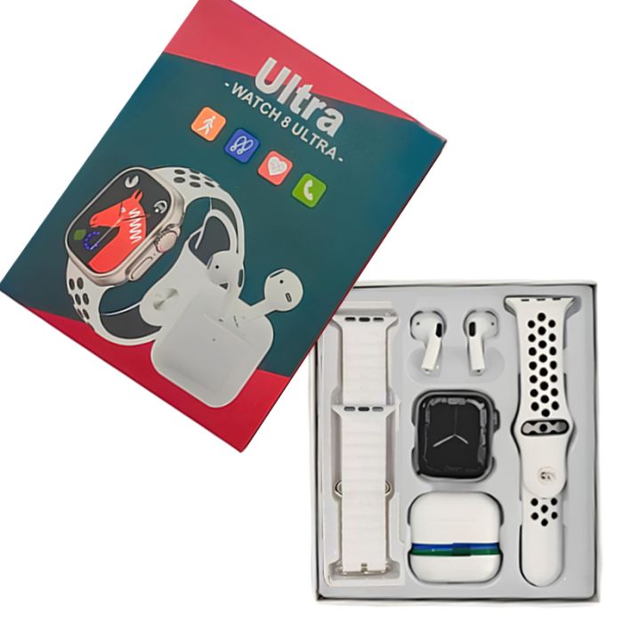 Coffret Ultra 8 Montre Connectée + Airpods + 2 Ceintures - Blanc