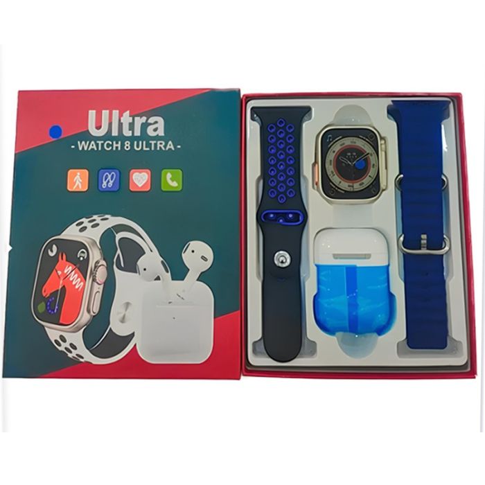 Coffret Ultra 8 Montre Connectée + Airpods + 2 Ceintures - Bleu