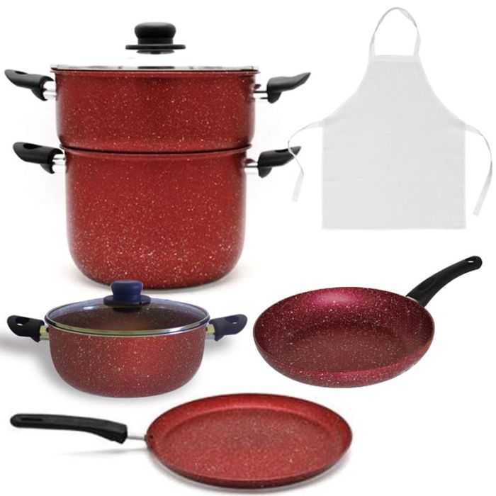 Pack COOK'ART De 8 Pièces Couscoussier + Poêle + Faitout + Crêpière + Tablier de cuisine - Rouge