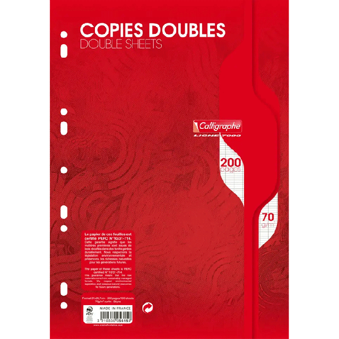 Copies Double CALLIGRAPHE Perforées Seyès 200 Pages A4 70G 