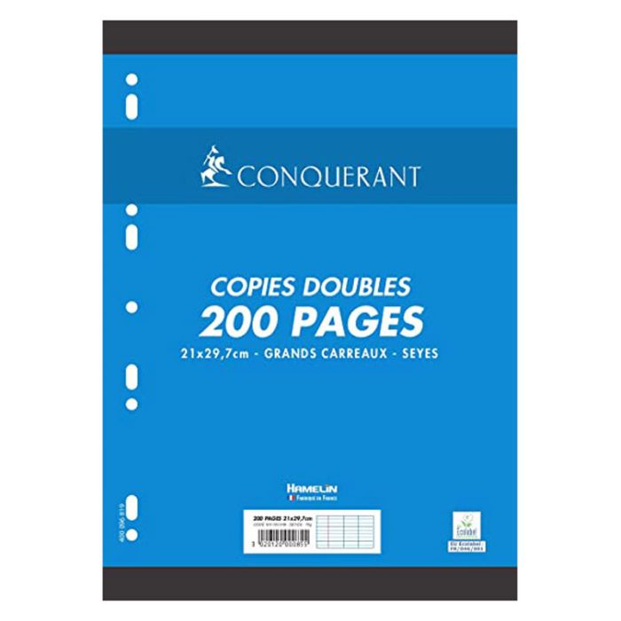 Copies Double CONQUERANT 200 pages 70Gr Grands Carreaux Seyès Perforées A4