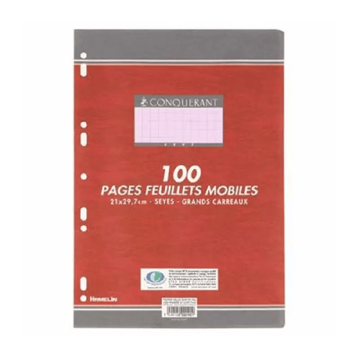  Feuillets mobiles CONQUERANT Perforée A4 100 Pages 90G 5/5