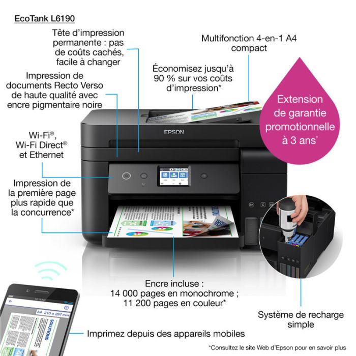 Imprimante Jet d'Encre EPSON ECOTANK ITS L6190 4En1 Couleur Wifi 