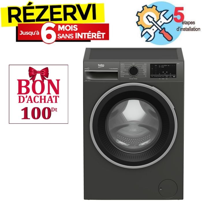 Lave Linge Frontal Inverter BEKO B3WFU4822MG 8kg - Gris Foncé