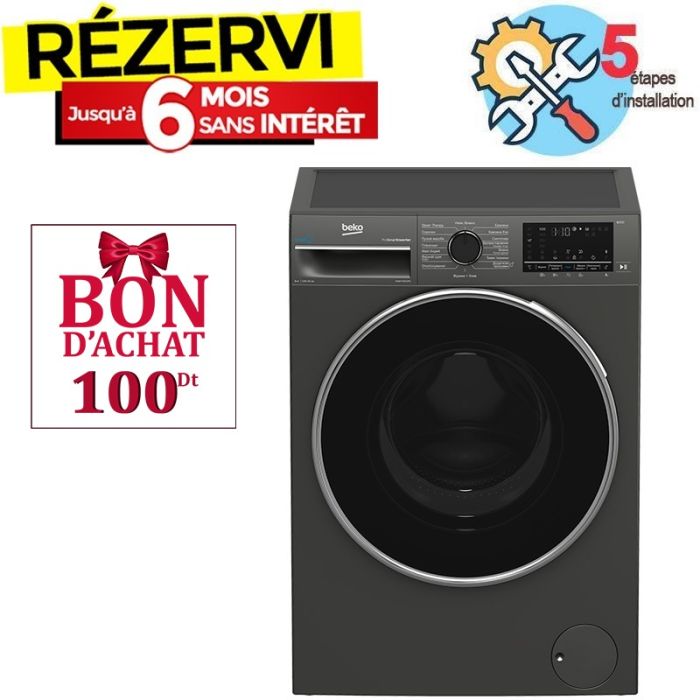 Lave Linge Frontal Inverter BEKO B3WFU5822MG 8kg - Noir&Gris Foncé