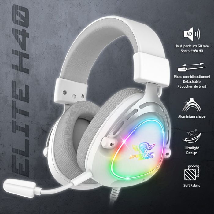 Micro Casque Gamer Filaire SPIRIT OF GAMER ELITE H40 ARTIC RGB - Blanc