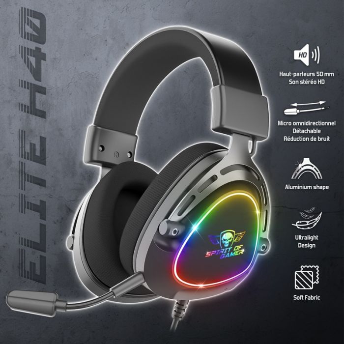 Micro Casque Gamer Filaire SPIRIT OF GAMER ELITE H40 DARK RGB - Noir