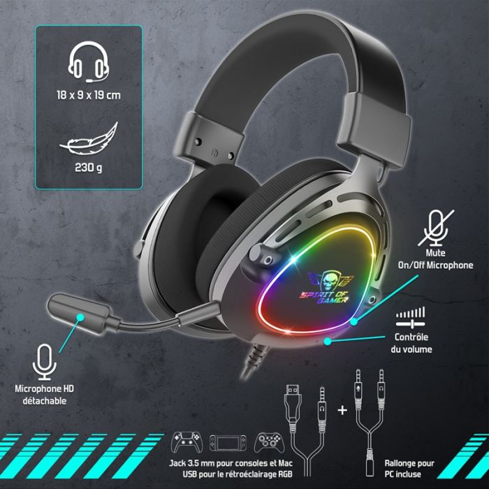 Micro Casque Gamer Filaire SPIRIT OF GAMER ELITE H40 DARK RGB - Noir