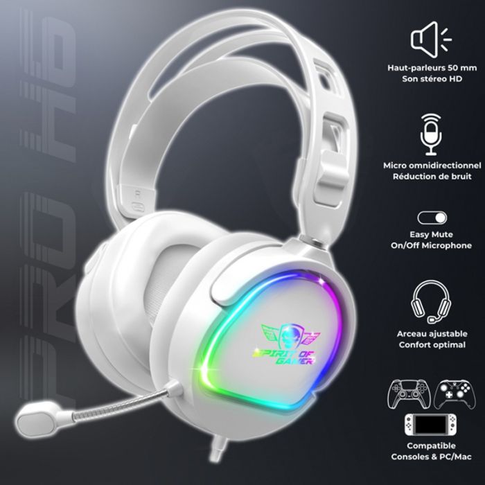 Micro Casque Gamer Filaire SPIRIT OF GAMER PRO H6 ARTIC RGB - Blanc