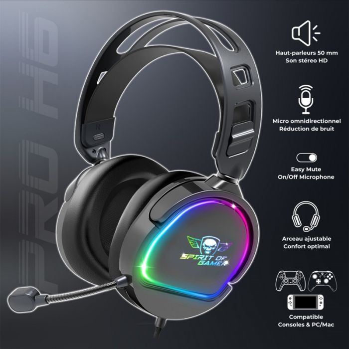 Micro Casque Gamer Filaire SPIRIT OF GAMER PRO H6 DARK RGB - Noir