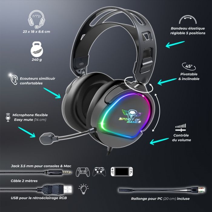 Micro Casque Gamer Filaire SPIRIT OF GAMER PRO H6 DARK RGB - Noir