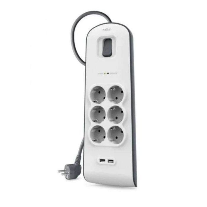 Multiprise BELKIN 6 prises Avec 2 ports USB 2 mètres - Blanc