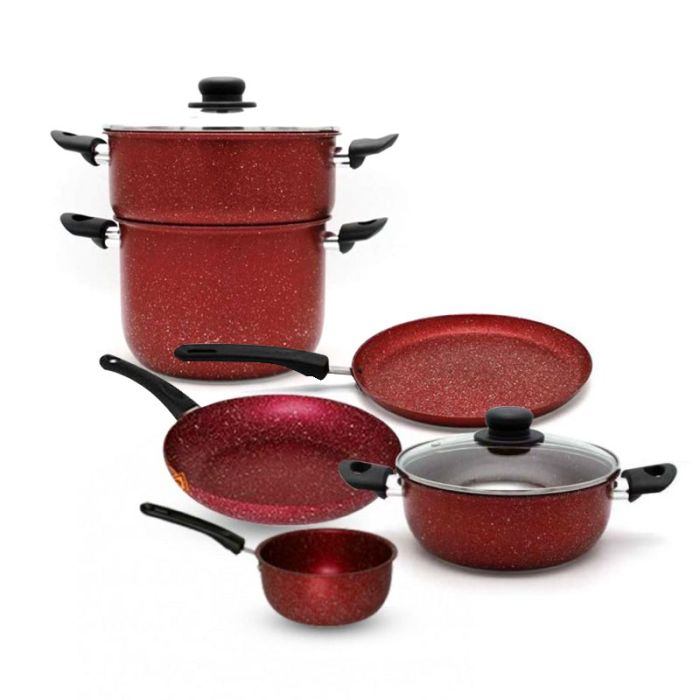 Pack COOK'ART De 8 Pièces Couscoussier + Faitout + Poêle + Casserole + Crêpière - Rouge