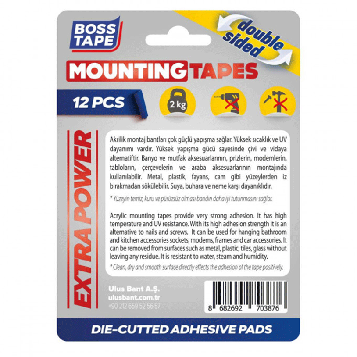 Pack de 12 Rubans de montage BOSS TAPE double face en acrylique 25x30mm