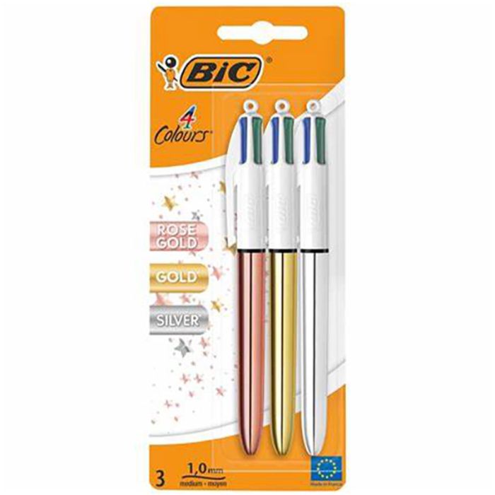 Pack de 3 Stylos BIC Bille De 4 Couleurs Shine , Gold et Rose Gold  - Couleurs Assorties (651715)