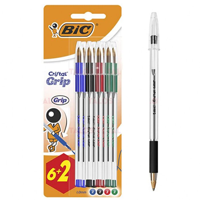 Pack de 6 Stylo BIC Cristal Grip BL + 2 Gratuit - Couleurs Assorties (7994) 