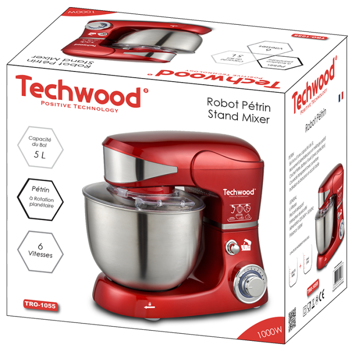 Robot Pétrin TECHWOOD TRO-1055 5 Litres 1000W - Rouge 