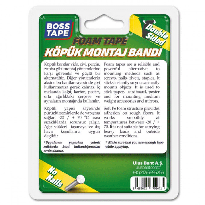 Ruban de montage BOSS TAPE en mousse acrylique 10 kg, 19mm x 2 mètres - Noir 